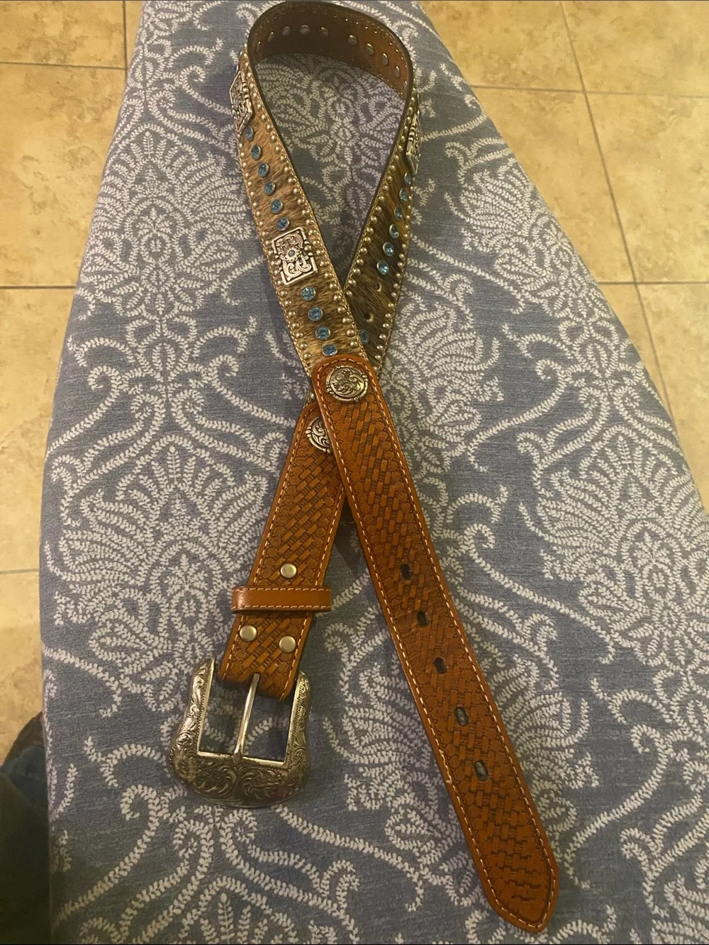 Nocona Hair On Hide Tooled Leather Belt Blue Rhinestone Boho Cowgirl Buckle Sz36